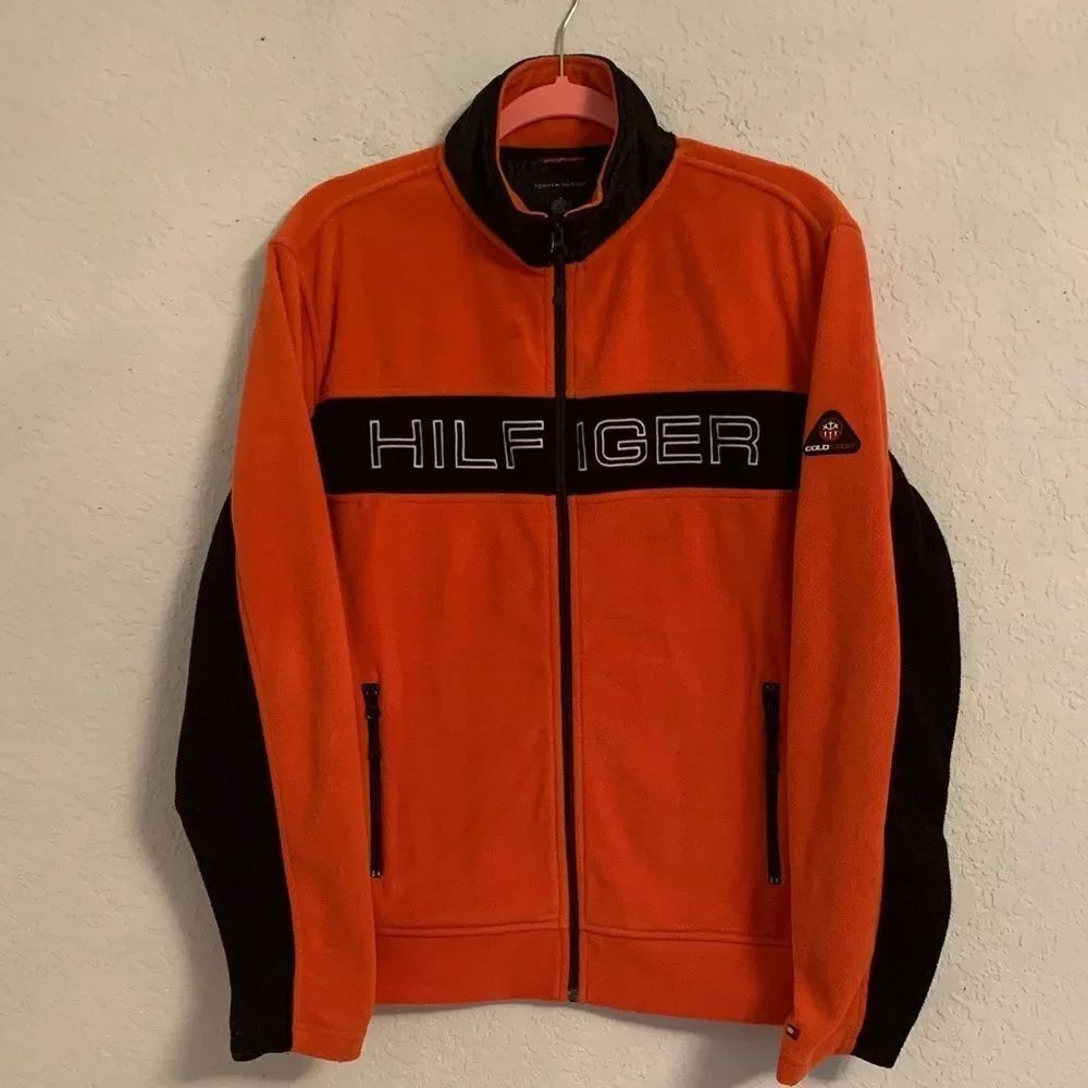 Tommy Hilfiger Men’s Vibrant Orange and Black Fleece Full Zip Jacket Size M